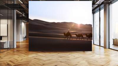 Nomadic married couple crossing huge sand dunes with their bactrian camel caravan at sunrise. Gobi desert, Mongolia. Wall mural