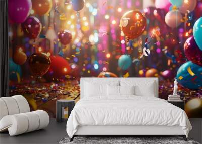 A party with lots of colorful balloons and confetti Wall mural