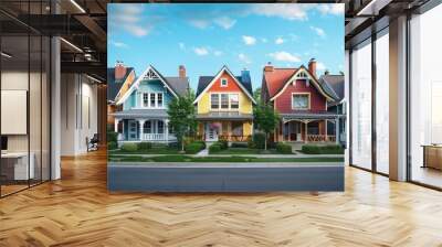 A row of colorful houses with a blue sky in the background. The houses are of different colors and styles, and they are all lined up along a street. Scene is cheerful and inviting Wall mural