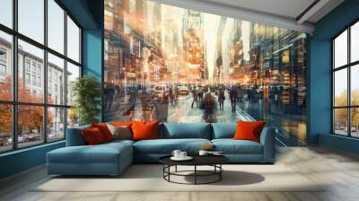 A sophisticated background with images of bustling financial districts and trading floors, symbolizing the global interconnectedness of business earnings Wall mural