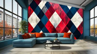 Abstract geometric diamond pattern in red, white, and blue Wall mural