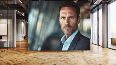 An executive businessman with a self-assured expression, commanding attention with his gaze. Wall mural