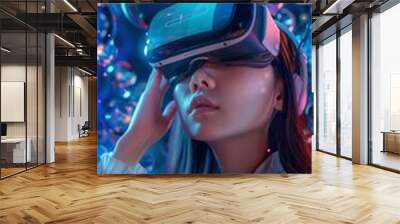 Asian girl surrounded by virtual reality elements Wall mural