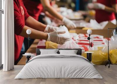 Close-up of hands assembling care packages for survivors of natural disasters, highlighting the importance of disaster relief efforts Wall mural