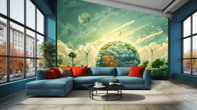 Digital painting of a green earth with renewable energy sources as symbols of unity, bringing people together for a common cause Wall mural