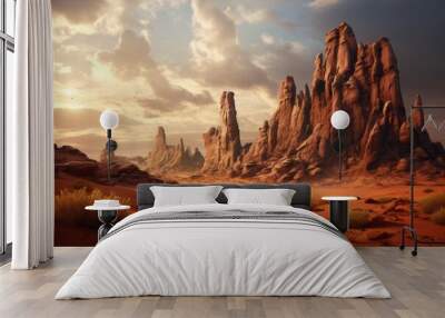 Dramatic rock formations rising from a desert landscape Wall mural