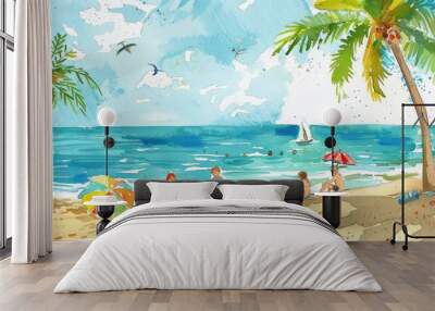 Playful watercolor illustration featuring fun-filled activities during a beach holiday Wall mural