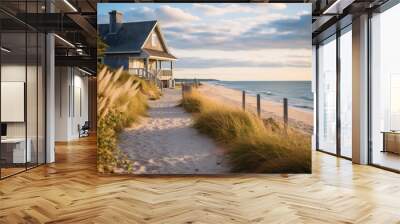 Sandy pathway leading to a charming beach house by the shore Wall mural