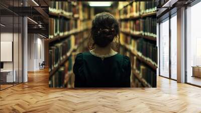 Woman in Vintage Dress Browsing Books in a Dimly Lit Library Wall mural