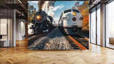 Explore the fascinating evolution of rail travel with our stock photos, comparing the charm of old trains with the efficiency and innovation of modern rail transport.  Wall mural