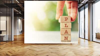 Hand putting the wooden toy with word PLAN for business plan concept Wall mural