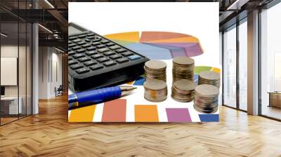 Stack of money coin with calculator and pen on data chart and white background Wall mural