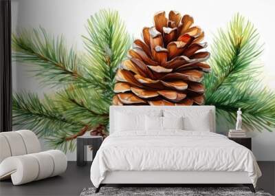 A detailed illustration of a pine cone surrounded by fresh green pine needles, perfect for seasonal decor or nature themes. Wall mural