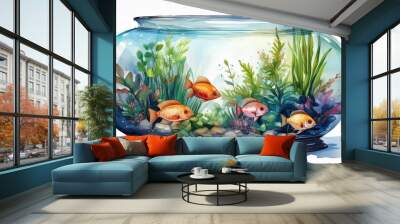 A vibrant aquarium filled with colorful fish and lush aquatic plants, creating a peaceful underwater scene. Wall mural