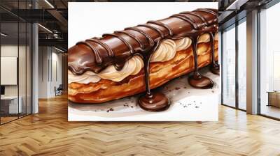 Delicious chocolate eclair topped with creamy filling and dripping chocolate, perfect for dessert lovers and sweet treats. Watercolor illustration, isolated on white background Wall mural