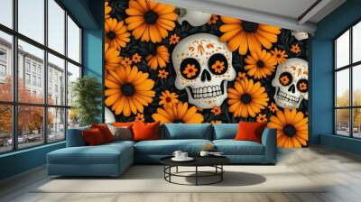 A detailed pattern featuring sugar skulls and yellow marigold flowers symbolizing Day of the Dead . Vibrant colors emphasize cultural celebration and remembrance. Wall mural