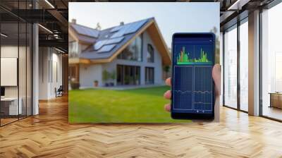 A smart home with solar panels on the roof and a mobile app displaying energy statistics in the foreground. The app shows solar power generation and usage data, highlighting home energy management. Wall mural