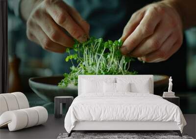 chef takes microgreens with his hands close-up from a plate to add to different dishes in a restaurant.Healthy eating concept, culinary trend Wall mural