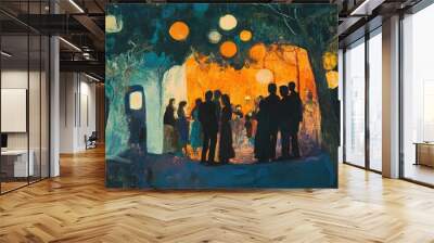 Close-up of a night scene with a family gathered in a bright, lamp-lit sukkah celebrating the holiday. Concept of celebrating Sukkot. Wall mural