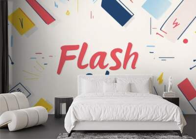 Flash Sale banner with bold red and blue text on a white background. Surrounded by abstract geometric shapes in red, blue and yellow. Wall mural