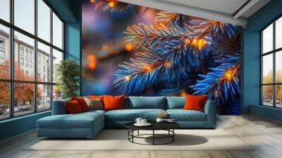 Glowing blue spruce branches with festive lights creating a magical winter atmosphere for merry christmas and happy new year ai Wall mural