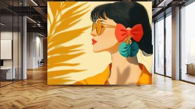 Stylish girl with retro sunglasses, bold earrings, and red hair bow against warm leaf shadow background - concept of girlhood design Wall mural