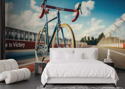 Vintage bicycle with red handlebars on a sunny racing track, emphasizing endurance and speed in sport Wall mural