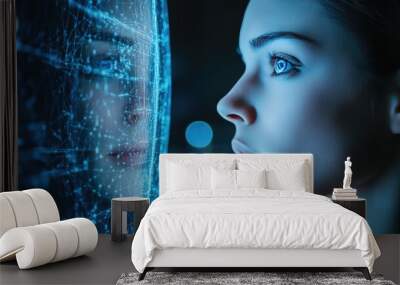 Woman looking at digital interface with blue futuristic network on dark background, highlighting concept of human interaction with artificial intelligence technologies Wall mural