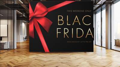 Black friday sale background with red bow. Sale promo Banner or poster with gold text discount. Vector illustration Wall mural