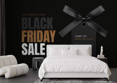 Black Friday Sale Banner. Discount background with black label and black ribbon with bow. Vector  Wall mural