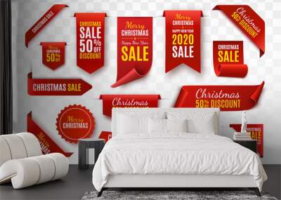 Christmas Sale Tags collection. Red scrolls and banners isolated. Merry Christmas and Happy New Year labels. Vector Price Tags illustration Wall mural