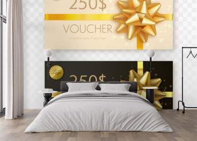 Gift voucher template isolated. Vector gift card with gold ribbon and bow. Wall mural