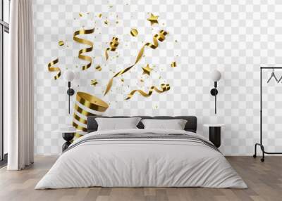 Golden confetti with party poppers isolated.  Wall mural