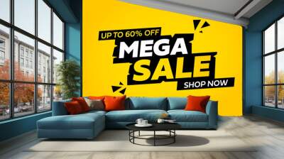 Mega sale banner. Offer sign with yellow background. Vector illustration Wall mural