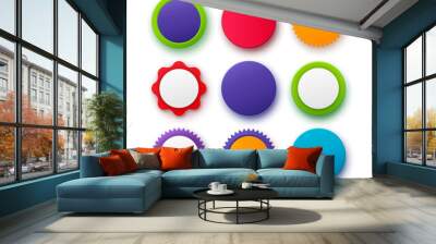 Set of colorful circle badges. Different colors round 3d badges isolated on white background. Blank badges and buttons. Vector illustration Wall mural