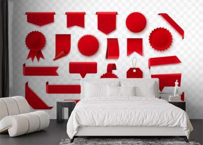 Set Of Red Blank Ribbons, Tags, Badges And Labels Isolated. Vector illustration Wall mural