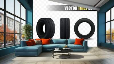 Tires set. 3d realistic car tires isolated on white. Vector Wall mural