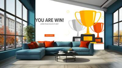 Winner banner. Podium with trophy cups. Vector award nomination background. Wall mural