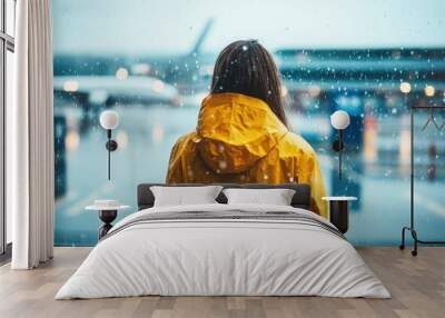  Traveler woman wear yellow raincoat. Tourist travel abroad in free spare time rest getaway Air flight trip concept Wall mural