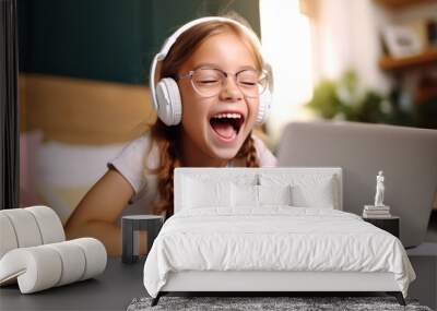 A happy little girl is looking at the phone, a smile on her face. The child communicates via video, online communication with family and friends. An application for children's games. AI gereration Wall mural