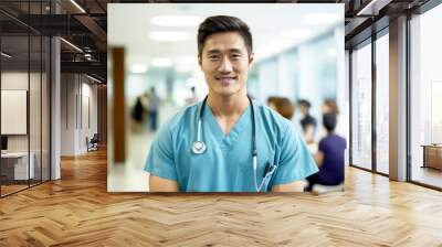 A portrait of a handsome and positive millennial Asian male doctor in a uniform with a stethoscope stands in the hospital corridor with a coffee cup in his hand. AI generated Wall mural