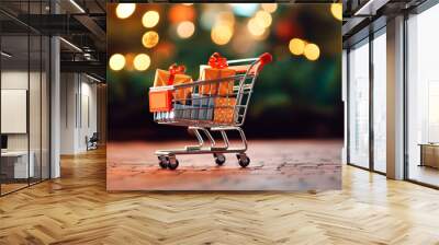 christmas holiday background. shopping cart full of christmas decorations, toys and balls on table c Wall mural