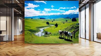 Cow in field. Cows graze on field with green grass at farm. Aerial view of a farm field with cow grazes eating grass to make fresh milk. AI Generated Wall mural