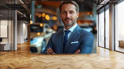 Dealership automotive. Auto insurance. Businessman dealer outdoor. Dealer man in expensive suit. Business man rent car. Insurance agent at luxury car. Successful car dealer. Car policy Wall mural