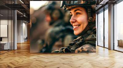 Girl soldier in military uniform, military in the background. AI generated. Wall mural