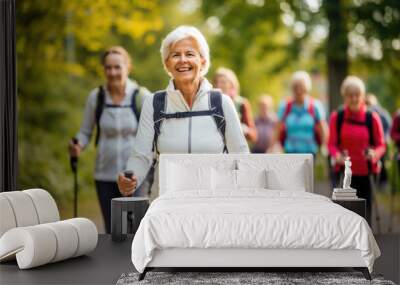 Older people doing Nordic walking exercises. Made with AI generation Wall mural