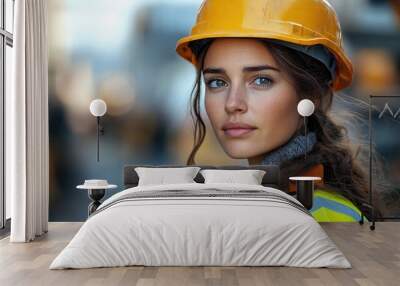 Portrait of confident female construction worker at construction site Wall mural