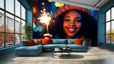 Portrait of young african girl holding sparkle stick under the patio outdoo. Elegant woman holding a bengal light for new year’s eve party. Ai generated Wall mural