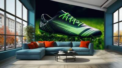 Professional soccer shoes cleats close-up on green grass with an outdoor stadium in the background. It's a great illustration for advertising or promotional materials. Wall mural