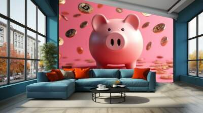 Save money, financial planning of personal finances and being thrifty concept theme with a pink piggy bank sitting on a pile of bronze and silver colored coins isolated on white background Wall mural